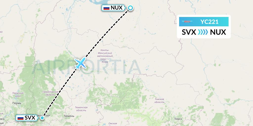 YC221 Yamal Airlines Flight Map: Yekaterinburg to Novy Urengoy