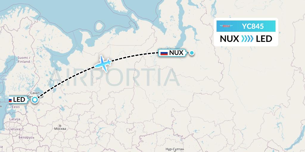 YC845 Yamal Airlines Flight Map: Novy Urengoy to St. Petersburg
