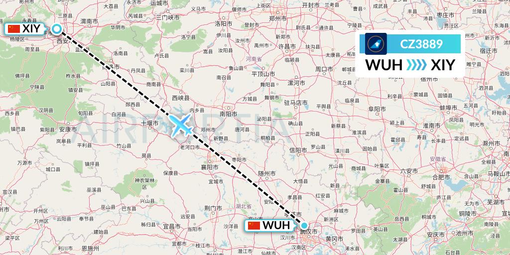 CZ3889 China Southern Airlines Flight Map: Wuhan to Xi'an