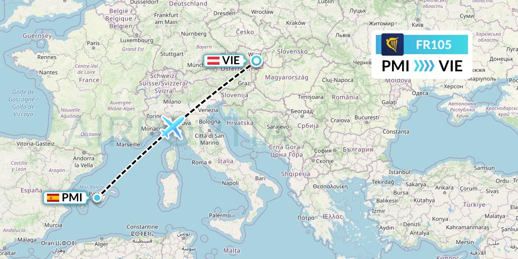 FR105 Ryanair Flight Map: Palma de Mallorca to Vienna