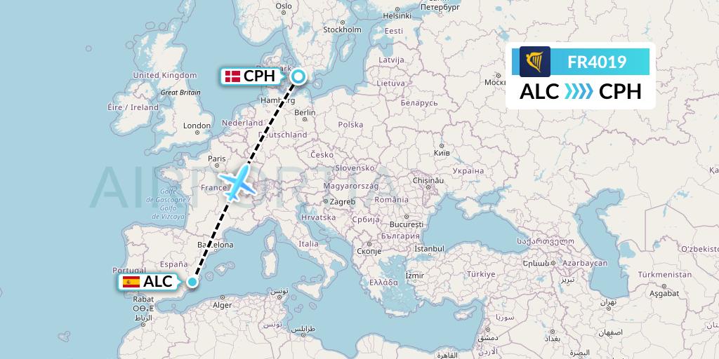 FR4019 Ryanair Flight Map: Alicante to Copenhagen