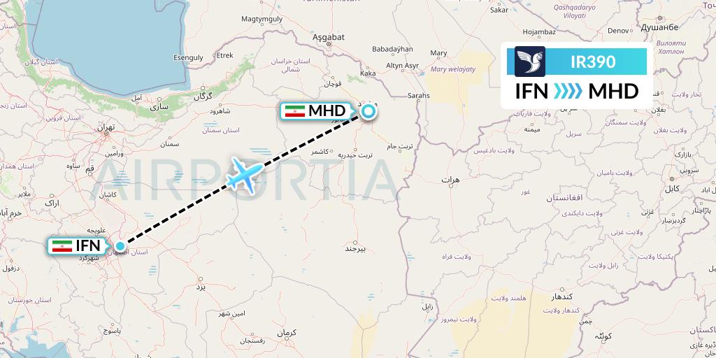 IR390 Iran Air Flight Map: Isfahan to Mashhad