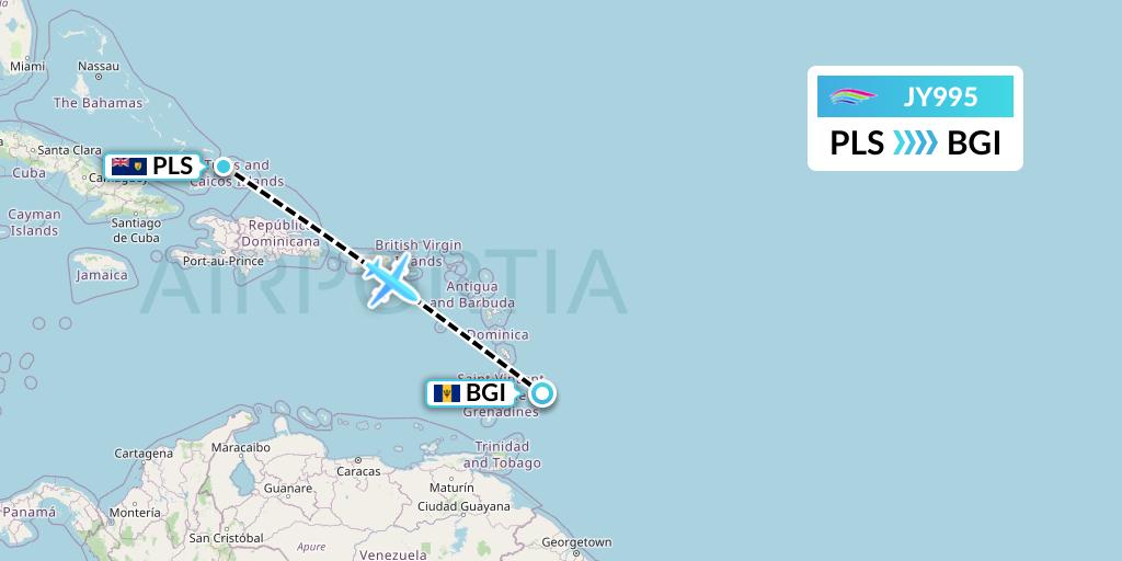 JY995 InterCaribbean Airways Flight Map: Providenciales to Bridgetown