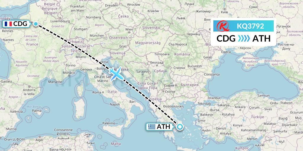 KQ3792 Kenya Airways Flight Map: Paris to Athens