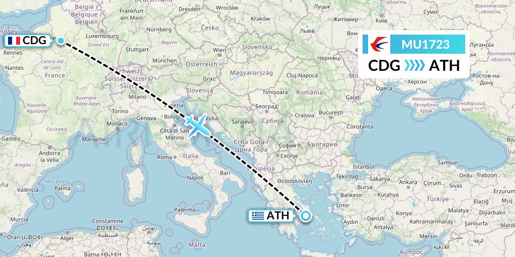 MU1723 China Eastern Airlines Flight Map: Paris to Athens
