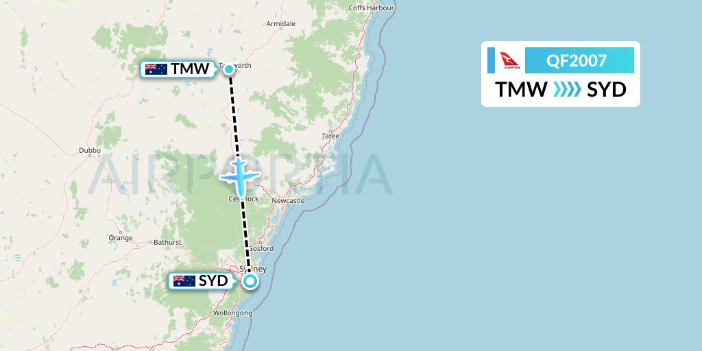 QF2007 Qantas Flight Map: Tamworth to Sydney