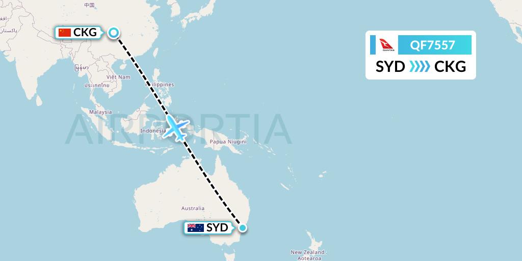 QF7557 Qantas Flight Map: Sydney to Chongqing