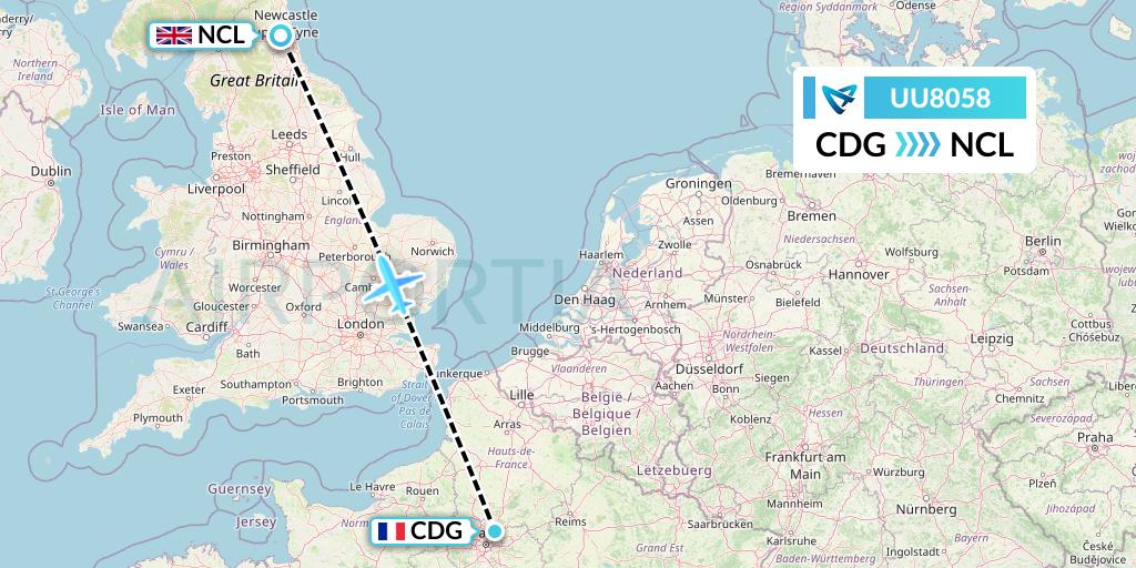 UU8058 Air Austral Flight Map: Paris to Newcastle