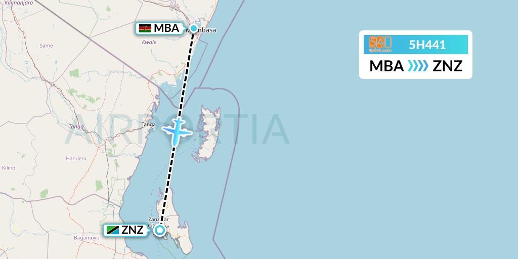 5H441 Fly540 Flight Map: Mombasa to Zanzibar