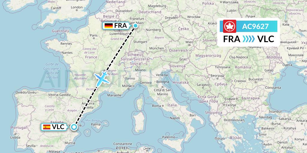 AC9627 Air Canada Flight Map: Frankfurt to Valencia