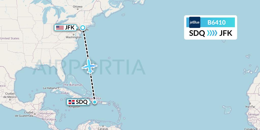 B6410 JetBlue Airways Flight Map: Santo Domingo to New York