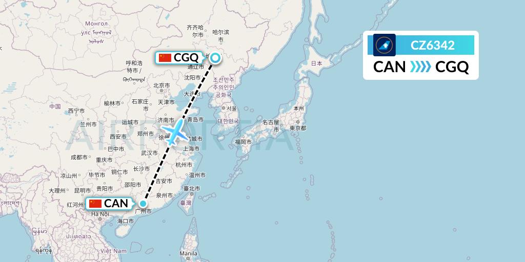 CZ6342 China Southern Airlines Flight Map: Guangzhou to Changchun