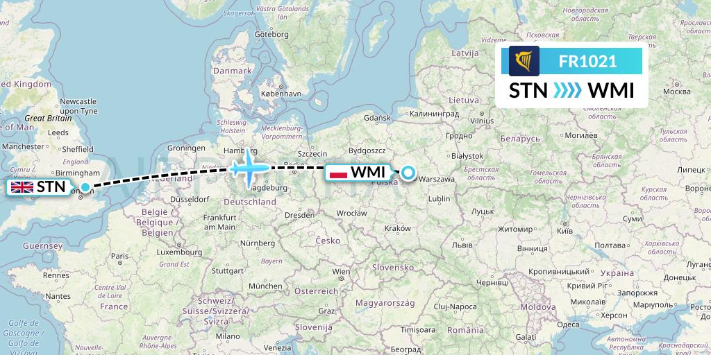 FR1021 Ryanair Flight Map: London to Warsaw