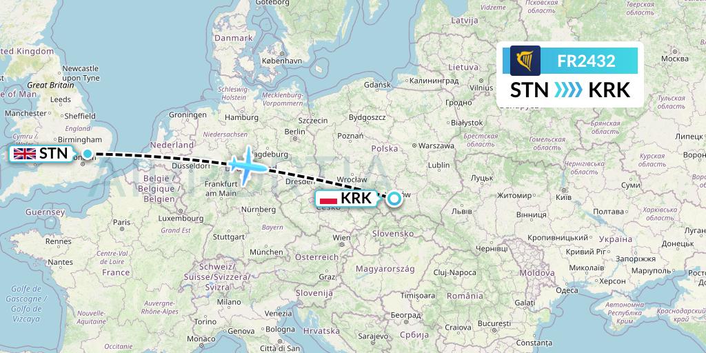 FR2432 Ryanair Flight Map: London to Krakow