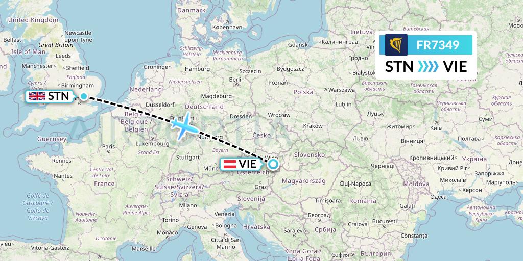 FR7349 Ryanair Flight Map: London to Vienna