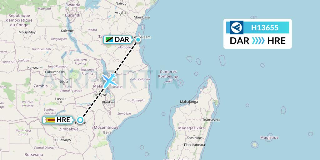 H13655 Hahn Air Systems Flight Map: Dar-es-Salaam to Harare