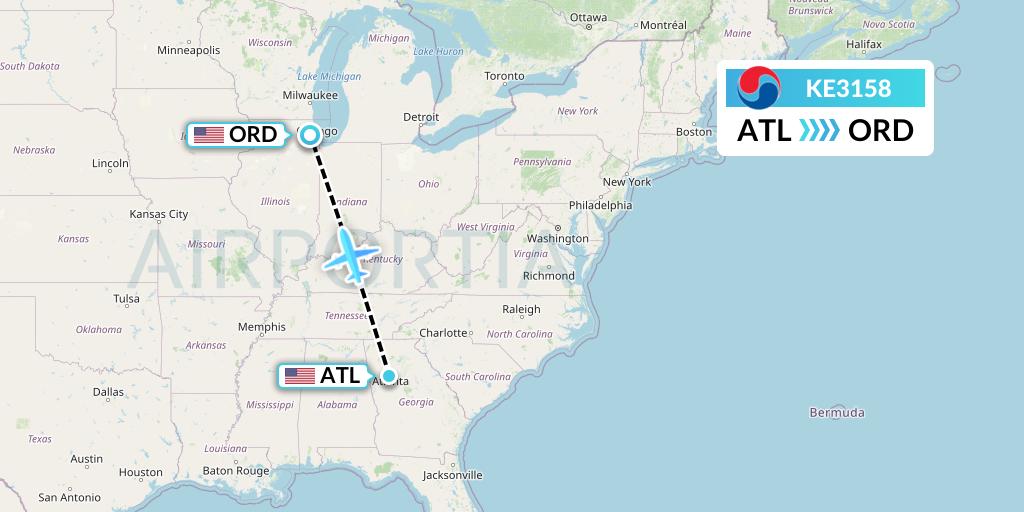 KE3158 Korean Air Flight Map: Atlanta to Chicago