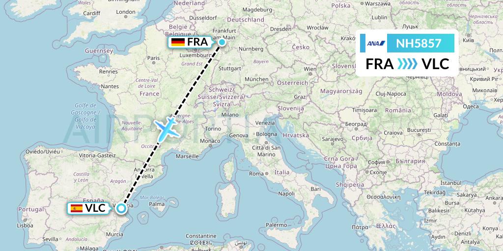 NH5857 All Nippon Airways Flight Map: Frankfurt to Valencia
