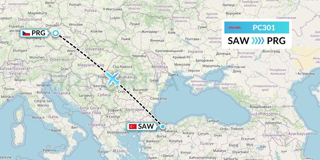 PC301 Pegasus Airlines Flight Map: Istanbul to Prague
