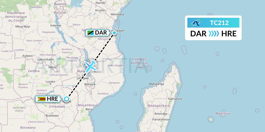 TC212 Air Tanzania Flight Map: Dar-es-Salaam to Harare
