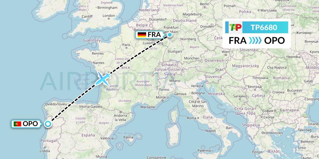TP6680 TAP Portugal Flight Map: Frankfurt to Porto