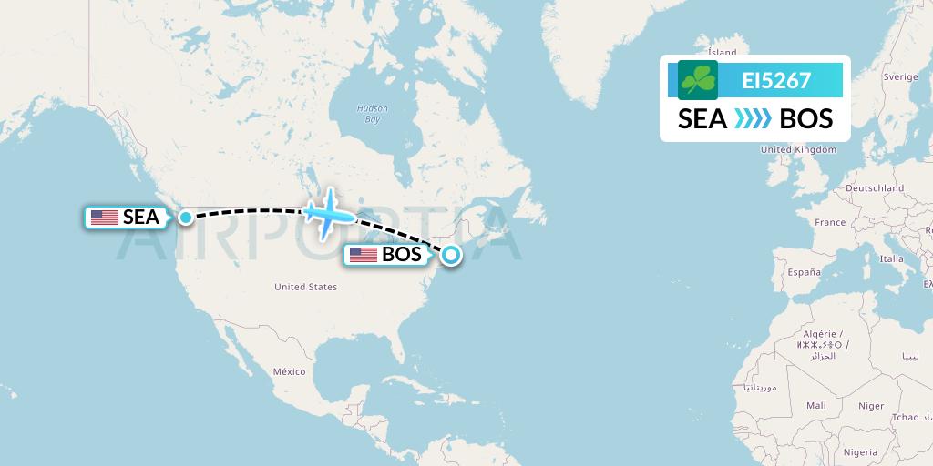 EI5267 Aer Lingus Flight Map: Seattle to Boston