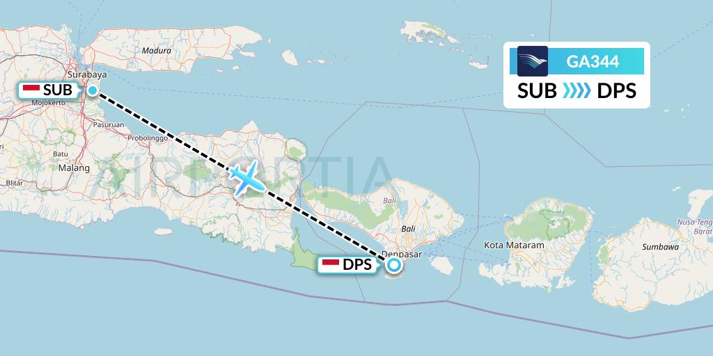 GA344 Garuda Indonesia Flight Map: Surabaya to Denpasar