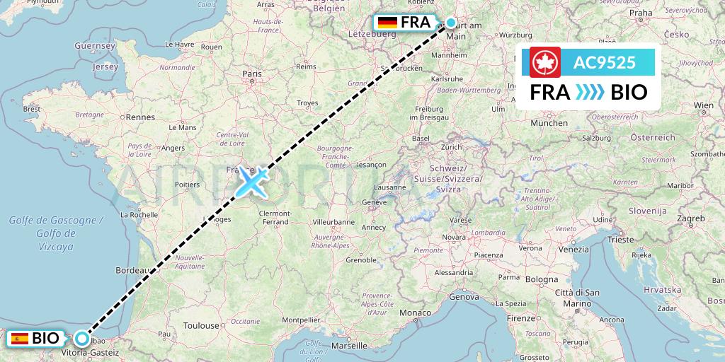 AC9525 Air Canada Flight Map: Frankfurt to Bilbao