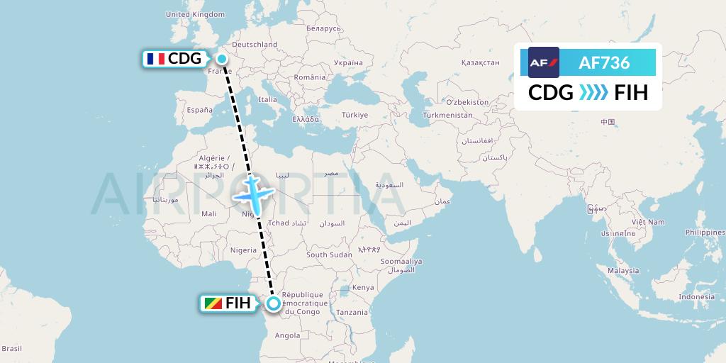 AF736 Air France Flight Map: Paris to Kinshasa