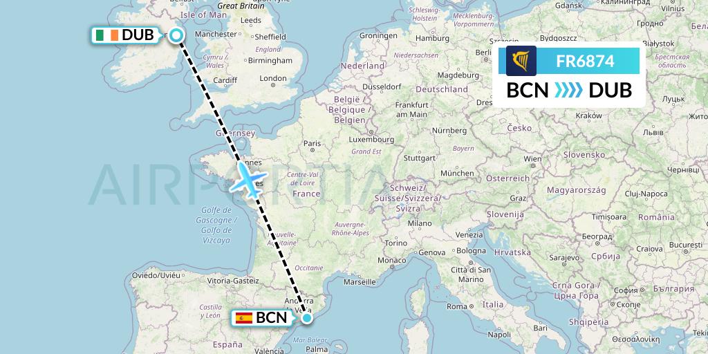 FR6874 Ryanair Flight Map: Barcelona to Dublin