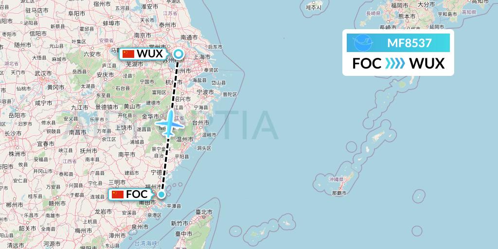 MF8537 Xiamen Airlines Flight Map: Fuzhou to Wuxi