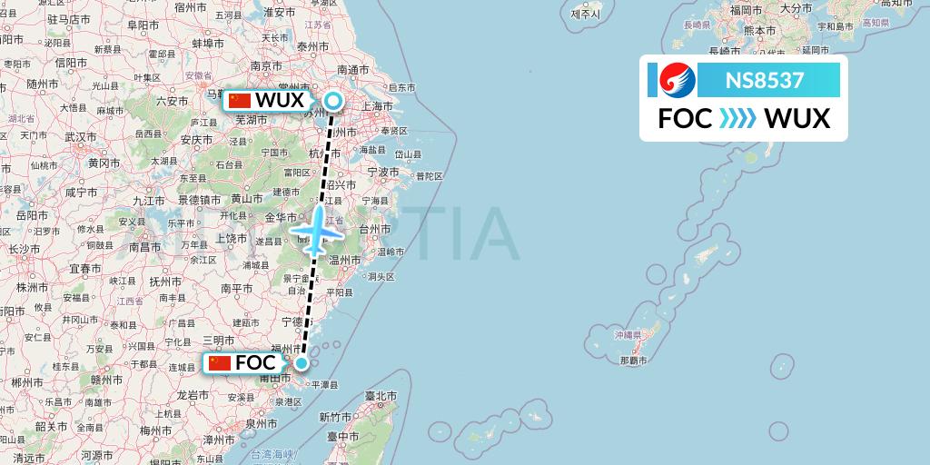 NS8537 Hebei Airlines Flight Map: Fuzhou to Wuxi