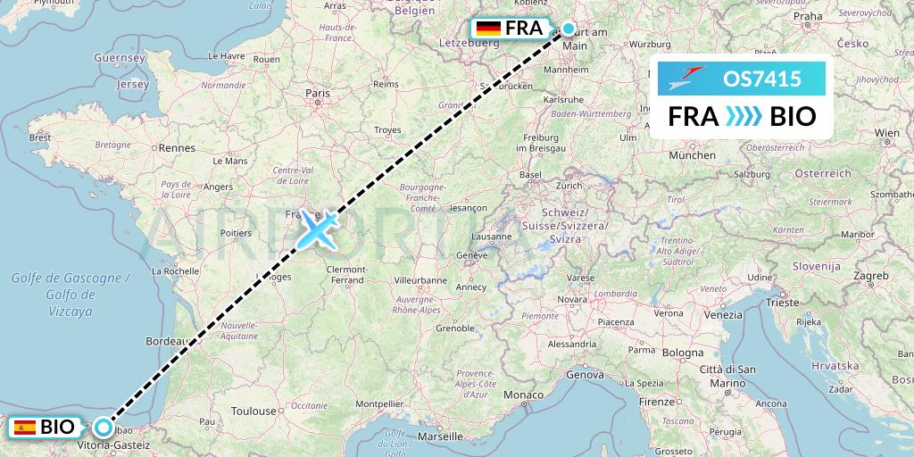 OS7415 Austrian Airlines Flight Map: Frankfurt to Bilbao