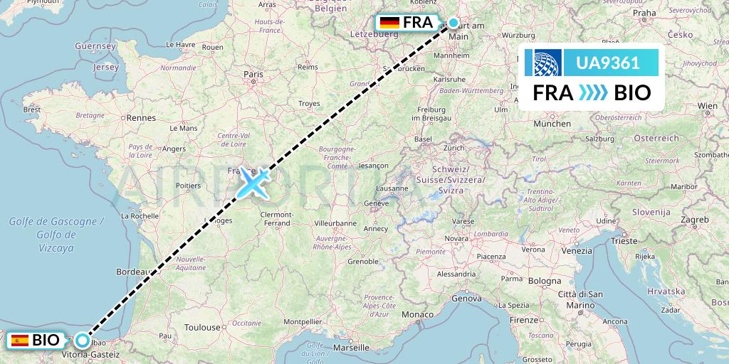UA9361 United Airlines Flight Map: Frankfurt to Bilbao
