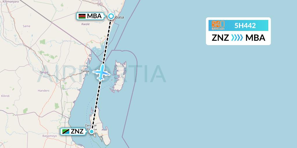 5H442 Fly540 Flight Map: Zanzibar to Mombasa