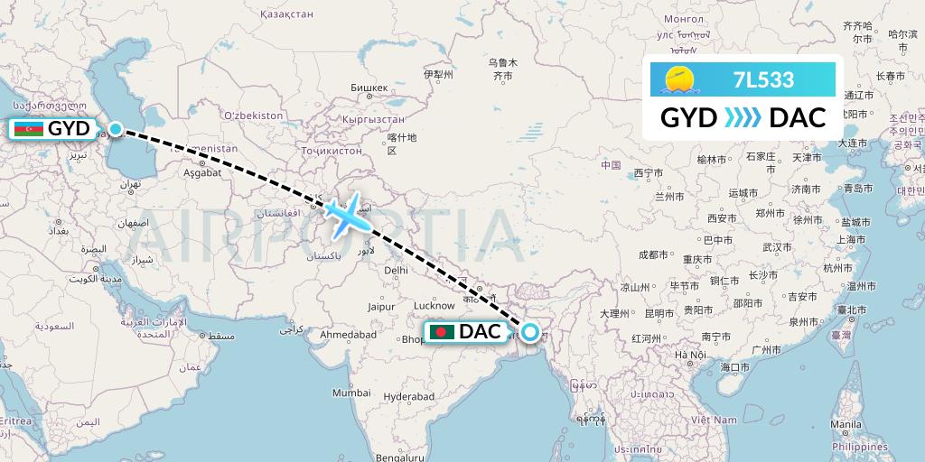 7L533 Silk Way West Airlines Flight Map: Baku to Dhaka