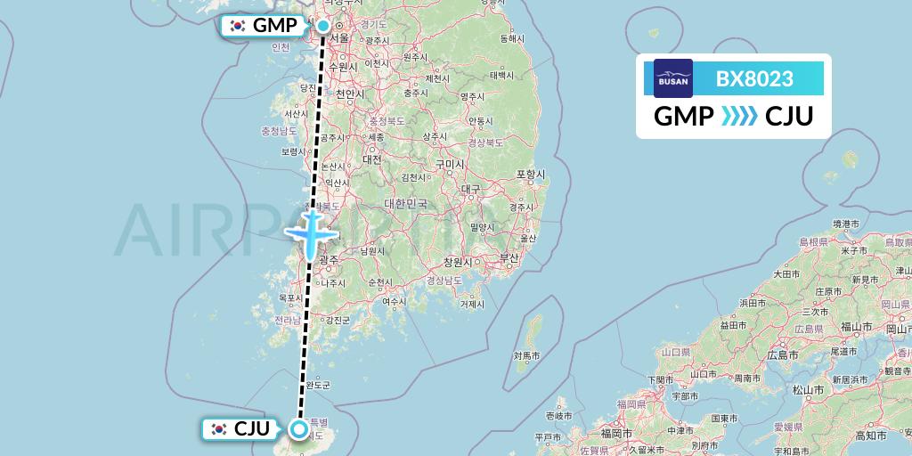 BX8023 Air Busan Flight Map: Seoul to Jeju