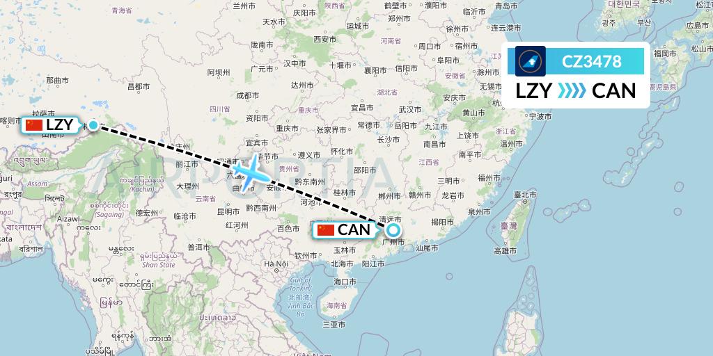 CZ3478 China Southern Airlines Flight Map: Nyingchi to Guangzhou