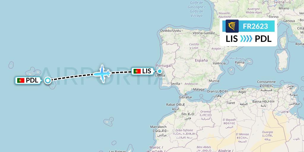 FR2623 Ryanair Flight Map: Lisbon to Ponta Delgada