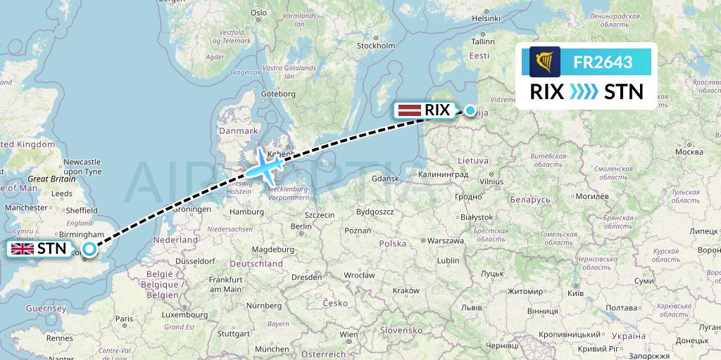 FR2643 Ryanair Flight Map: Riga to London