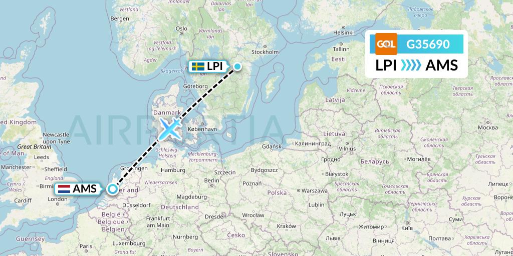 G35690 GOL Transportes Aeros Flight Map: Linkoping to Amsterdam