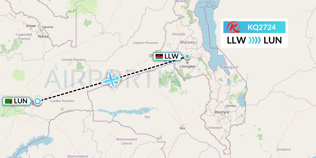 KQ2724 Kenya Airways Flight Map: Lilongwe to Lusaka