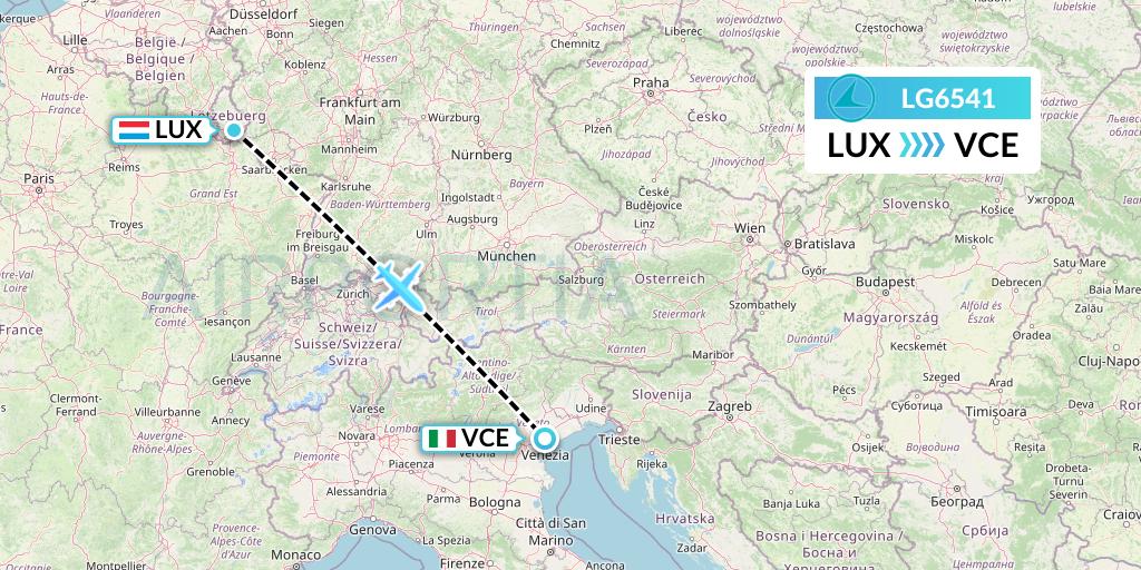 LG6541 Luxair Flight Map: Luxembourg to Venice