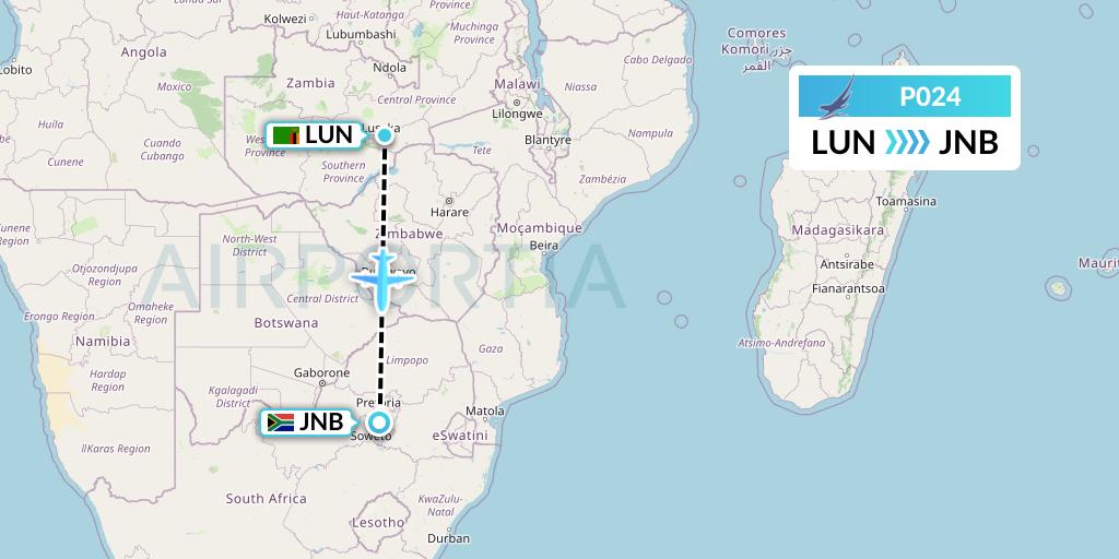 P024 Proflight Air Services Flight Map: Lusaka to Johannesburg