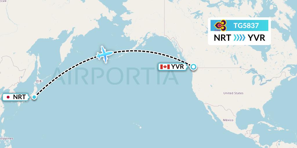 TG5837 Thai Airways Flight Map: Tokyo to Vancouver