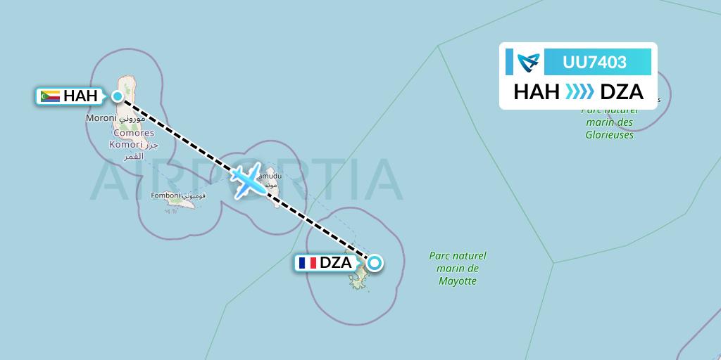 UU7403 Air Austral Flight Map: Moroni to Dzaoudzi