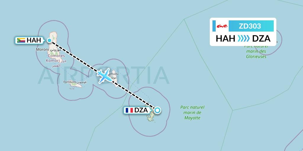ZD303 EWA Air Flight Map: Moroni to Dzaoudzi