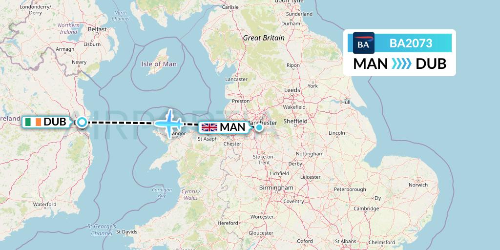BA2073 British Airways Flight Map: Manchester to Dublin