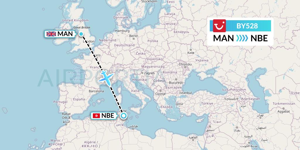 BY528 TUI Airways Flight Map: Manchester to Enfidha