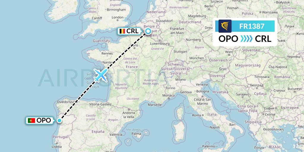 FR1387 Ryanair Flight Map: Porto to Brussels